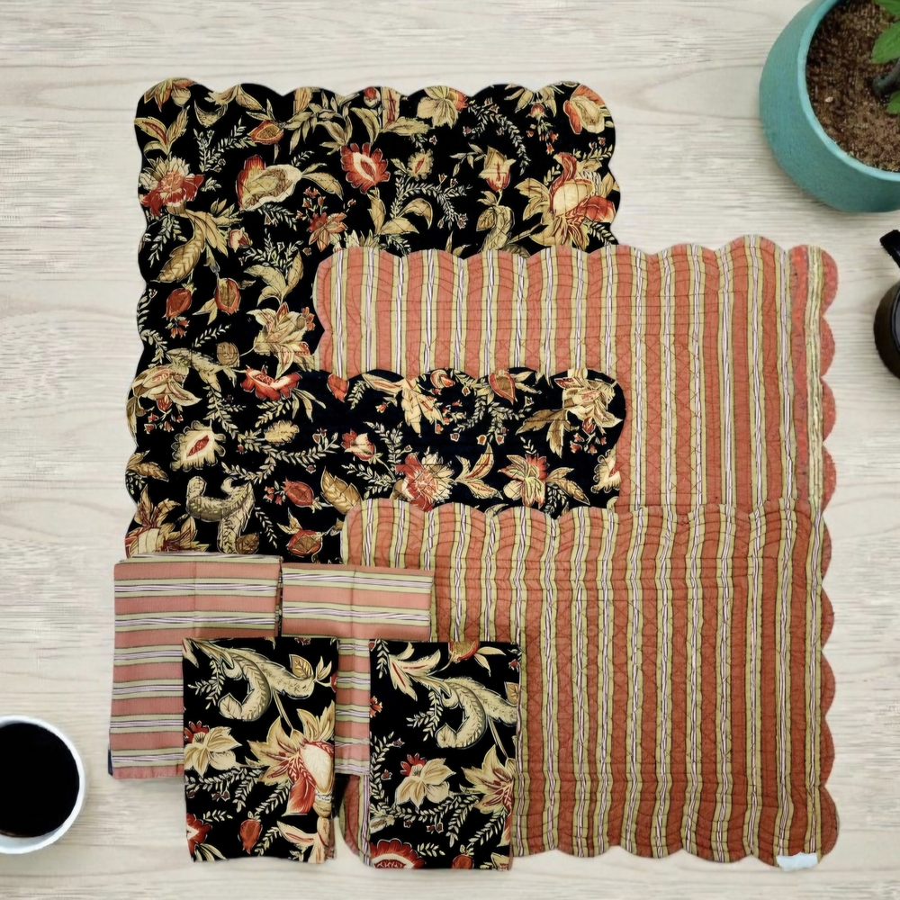 C & F Home Floral Striped Dining Table Linens Set Placemats Napkins Reversible